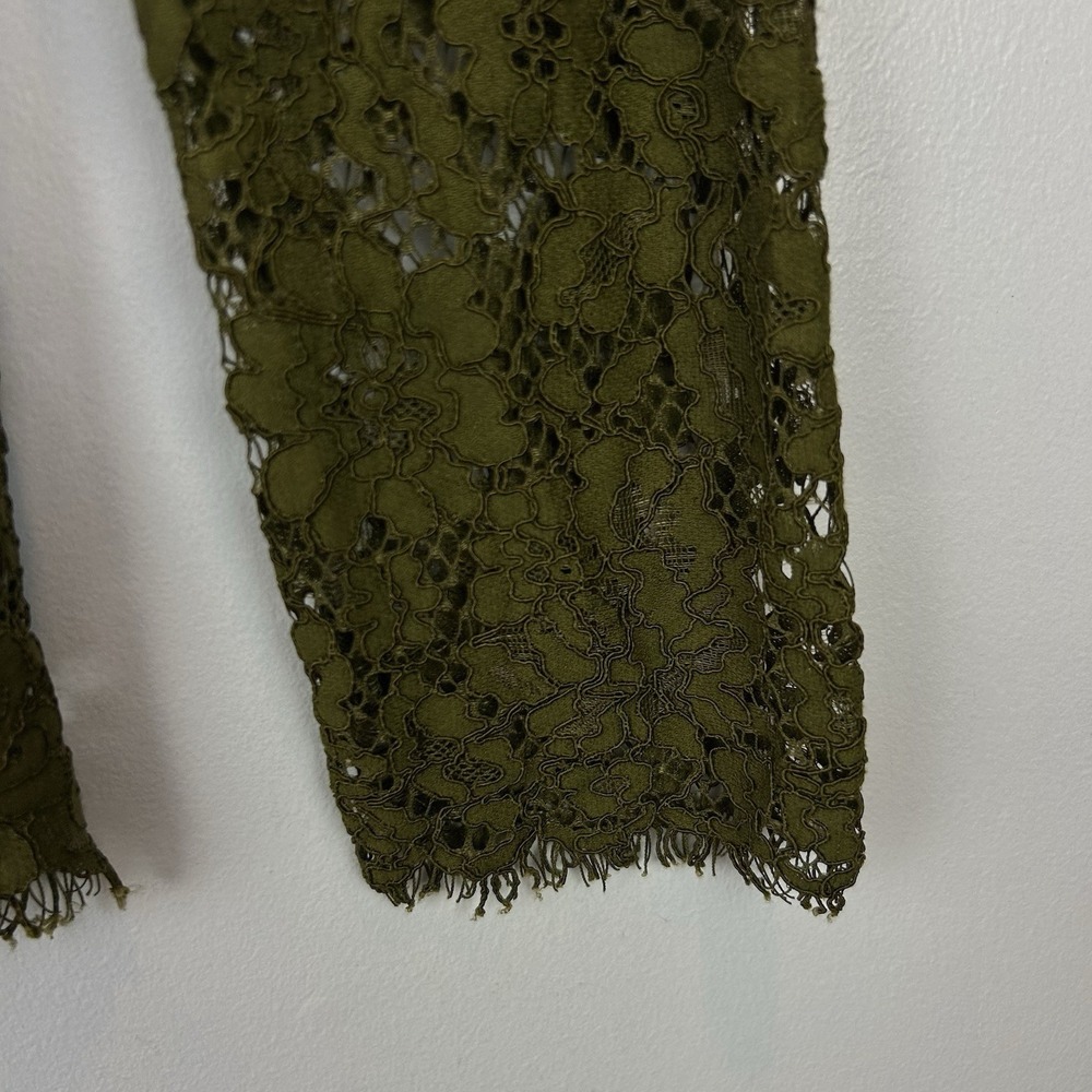 J Crew Lace Top Womens 2 Petite Long Sleeve Shirt Olive Green Sheer Sleeve - Picture 7 of 12